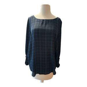 Ann Taylor Loft Pullover Blouse‎ 3/4 Sleeve Boat Neck Blue Cream Plaid  Sz MED